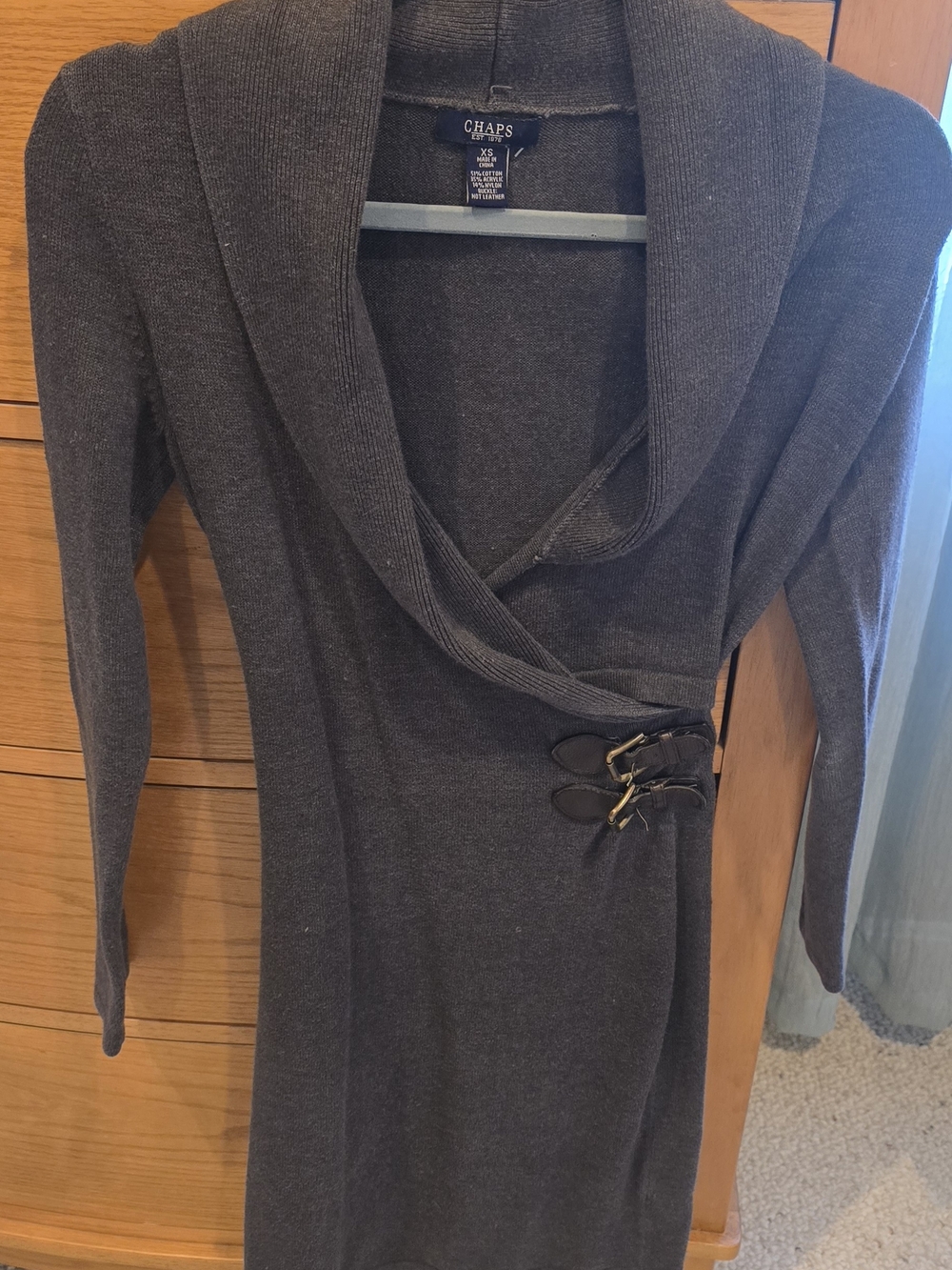 Chaps Shawl Collar Charcoal Sweater Dress, Buckle Waist, XS